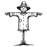 Detailed black and white illustration of a friendly scarecrow with a straw hat vector
