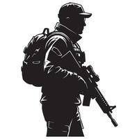 Silhouette of a modern soldier with assault rifle and backpack against a white background vector
