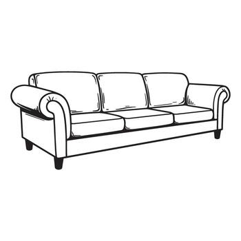 Hand drawn illustration of a comfortable three seater sofa with rolled arms and a simple design. vector