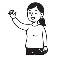 Smiling woman waving hand in hello gesture simple minimalist black and white illustration vector