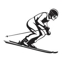 Silhouette of a skier in action carving downhill on snow with ski poles and helmet vector