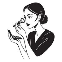 Elegant woman applying makeup using a brush and a compact powder illustration in black and white vector