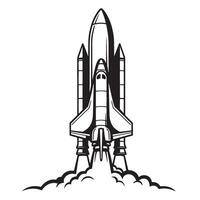 Black and white illustration of a rocket ship launching from earth into space vector