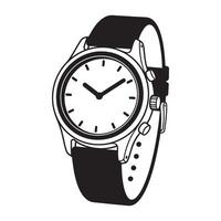 Simple black and white illustration of a classic wristwatch with leather strap on white background vector