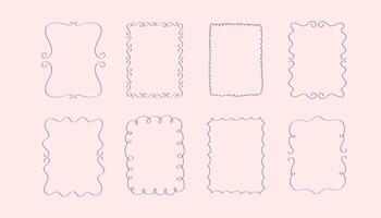 Doodle hand drawn frames with hearts, wavy lines, bows and ribbons. Coquette retro set. Trendy vintage whimsical borders for wedding invitations, birthday card, prints. modern illustration. vector