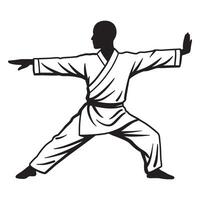 Silhouette of martial artist in uniform practicing a karate or kung fu stance on white vector