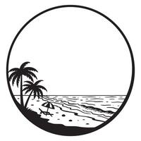 Black and white beach scene enclosed in a circle with palm trees and ocean waves vector