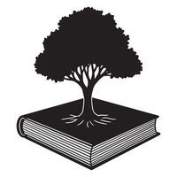 Black and white illustration of a tree growing from a book symbolizing knowledge vector