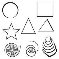 Black and white outlines of various geometric shapes and spiral elements on a white background vector