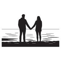 Silhouette of a couple holding hands on a beach facing the ocean and horizon vector