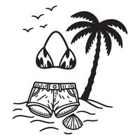 Black and white beach scene with swimsuit shorts palm tree and seashell icon vector