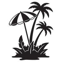 Black and white illustration of a beach scene with palm trees and a parasol umbrella. vector