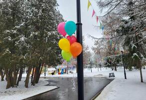 Bright balloons in winter on the background of a winter park festive celebration. photo