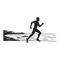 Silhouette of a runner sprinting along a coastal path with water and mountains vector