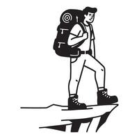 illustration of a hiker standing on a cliff edge with a backpack and boots vector