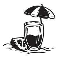 Stylized black and white illustration of a cocktail drink with lemon and umbrella vector