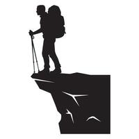 Silhouette of a hiker standing atop a cliff ready to explore the mountains and landscapes vector