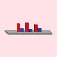 Illustration of a bar chart with red and blue bars on a shelf. diagram bar graph chart isometric icon. A 3D bar chart on a gray platform showing red and blue bars in pairs vector