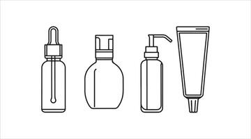 Cosmetic bottle icons designed in a line-art style, showcasing a serum dropper, mist spray, shampoo bottle, face oil, and squeeze tube, all with editable strokes. vector