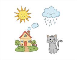 Children's art in a doodle format. Charming, uncomplicated illustrations isolated on a white surface. vector