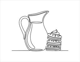 A simple jug, perfect for milk, water, or juice, alongside a pile of cookies with cream, making for a delightful breakfast dessert, all captured in a continuous single line art sketch logo. vector