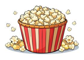 Red and white striped buckets overflow with delicious, buttery popcorn, a classic cinema snack perfect for any movie entertainment vector