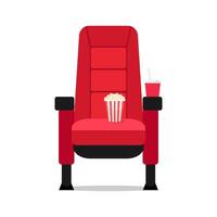 Red movie theater chair icon symbol. Cinema seat with soda and popcorn bucket on it isolated on white background vector