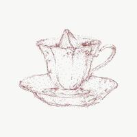 Elegant tea cup with vintage details, crafted in stipple sketch style. Gritty halftone shading and hand drawn lines, nostalgic look. vector