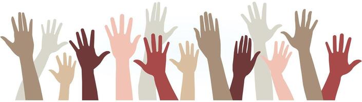 human hands illustration, many hands raised up in the air with different colors vector