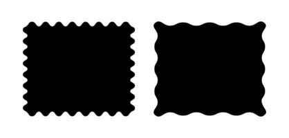 Square black patterns with squiggly borders. Wave curve edge frames. Set of simple tags, empty text boxes, labels, stamps, crackers, coupons with curvy, squiggly, wiggly, wavy edges. vector
