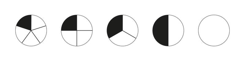 Circle division on from 1 to 5 equal parts. Round divided diagrams with from one to five segments. Coaching blanks. Infographic patterns. Pizza, pie charts set. Segmented pinwheel. Outline graphics. vector