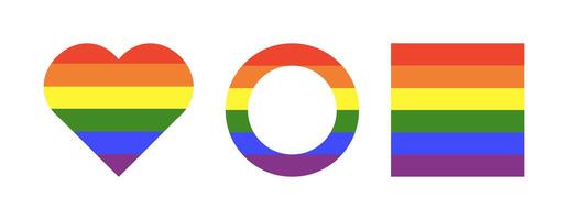 Rainbow flag frames. Gay pride background. Progress Logo symbols badges. Stickers in rainbow colors. LGBT circle, square, heart icons. Rounds, hearts, rectangles push buttons. Simple template design. vector