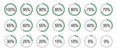 Percentage infographics. Green, grey color fill pie charts indicator. Round diagrams icons for infographics from 0 to 100 percent. Circle graph loading progress. vector