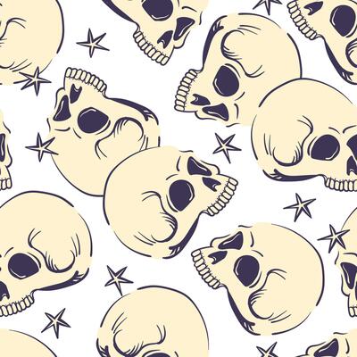 Seamless pattern with human cranium. stylized skulls isolated on white background. Background with human bone for Halloween decor or product design in mystical style.