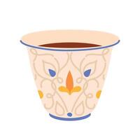 Ceramic Turkish cup with oriental ornament. Traditional glass for coffee in Arab countries. illustration in flat style. vector