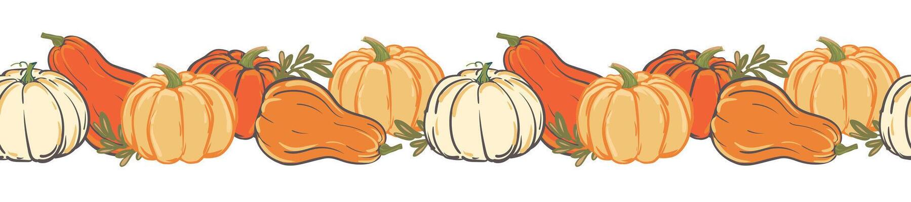 Vetcor horizontal border of colorful pumpkins, Halloween decoration. Seamless pattern with autumn pumpkins for Halloween party invitations, Thanksgiving design.