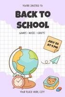 Back to school party poster with globe and food vector