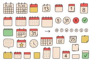 Doodle calendar symbol set. Calendar planner icon collection. Reminder organizer event signs. Calendar notification icon. Business plan schedule. vector