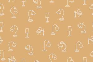 Seamless pattern of hand drawn light bulb icons. Pendant lamps, table lamps, lanterns, Lamps with lampshades for indoor lighting. vector
