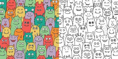 Cute monsters. Funny aliens for coloring and in color. Set of decorative design elements. Bright fashionable illustration vector