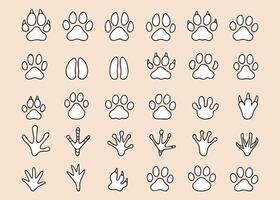 Large set of animal paw prints. Paw prints in different shapes in doodle style. Hand drawn illustration vector