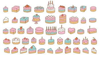 Set of colorful bright cakes, cupcakes. Doodle style. Colorful cakes for International Cake Day and birthday. illustration on white background. vector