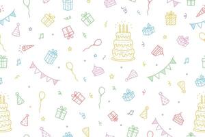 Seamless pattern of Hand drawn sketches of birthday, cake, balloons, elements, festive decorations. Party, carnival, holiday concept background in doodle style. vector