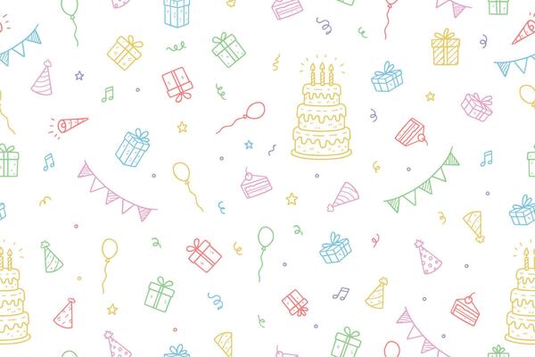 Seamless pattern of Hand drawn sketches of birthday, cake, balloons, elements, festive decorations. Party, carnival, holiday concept background in doodle style.