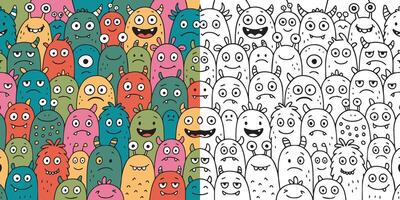 Cute monsters. Funny aliens for coloring and in color. Set of decorative design elements. vector