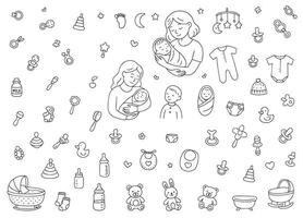 Hand drawn set on the theme of a newborn. Child care, feeding, clothes, toys, accessories in doodle style. drawings on a white background. vector