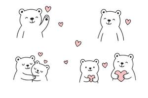Valentine's Day set of cute teddy bears with hearts in doodle style. Collection of romantic design elements. vector