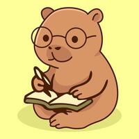 Cute Bear with Glasses Reading and Writing in a Book vector