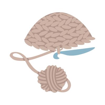 Crochet of a rounded object. small hat, ball of yarn. cozy atmosphere. Handmade for others. flat colored isolated illustration. For postcards, packaging, social media posts, theme of care and coziness