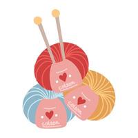 Multicolored yarn for knitting with labels and needles inside each other. isolated group of handcrafted items. cozy atmosphere. flat color illustration. knitting, handicrafts, printed products, hobby vector